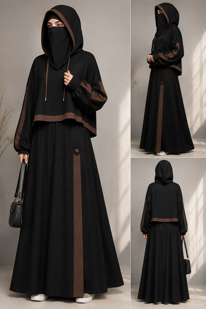 Black hooded abaya with brown panels, front, side and back