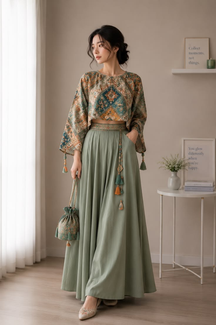 Sage green embroidered top and flared skirt set