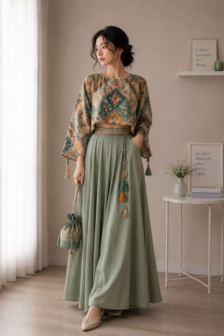 Sage green embroidered top and flared skirt set
