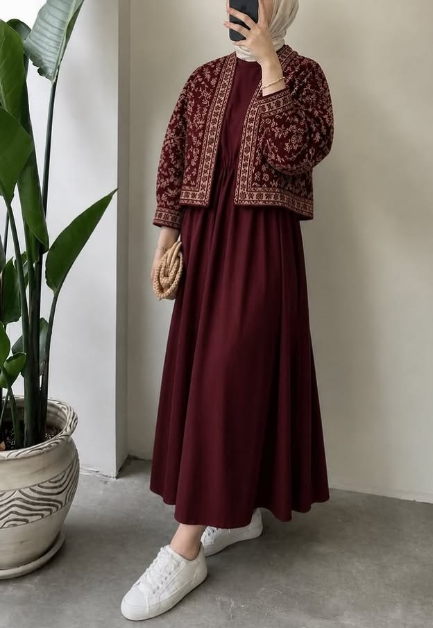 Maroon maxi dress with embroidered jacket