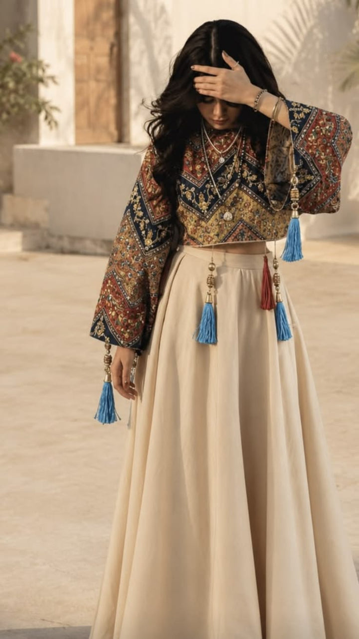 Cream churidar set with embroidered crop top
